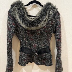 Sharagano Off-the-Shoulder Gray and Black Sweater with Plush Collar